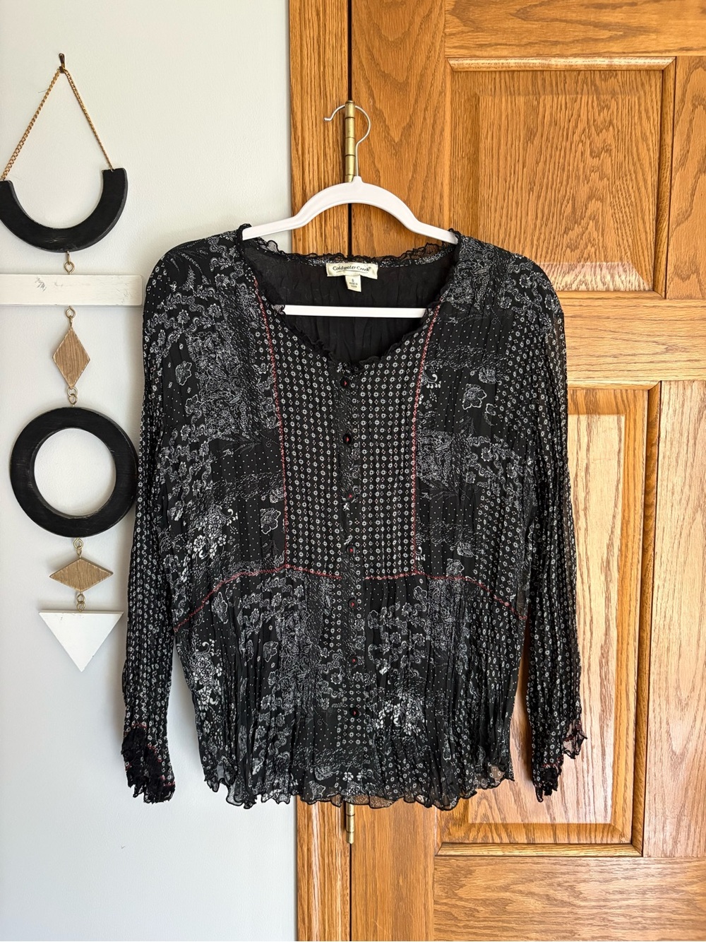 Coldwater Creek Black Patterned Floral Long-Sleeve Peasant Blouse